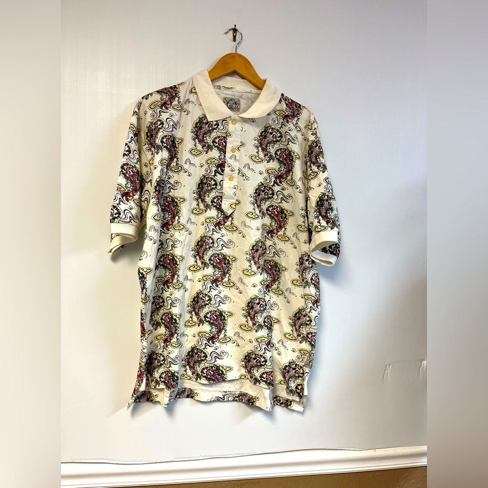 Evisu Japanese Koi Print Short Sleeve Polo Shirt – Size XL